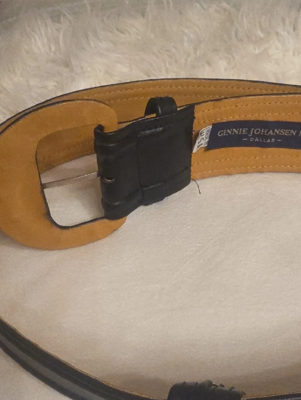 Ginnie Johansen Vintage Black Leather Belt with Tan Interior and Rounded Buckle